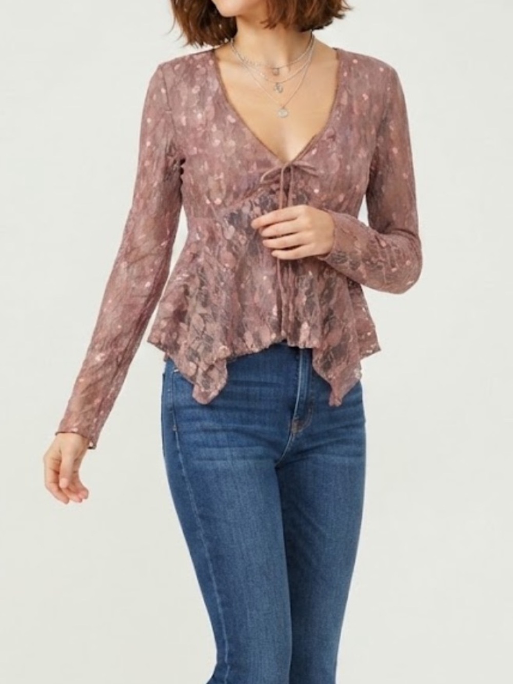 NWT Women’s Madden Girl Dusty Rose Lace Tie-Front V-Neck Blouse Medium